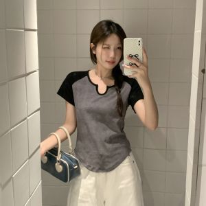 Plus Size Shoulder Short Sleeve T-shirt Womens Summer New Arrival Plus Size Ladies Tummy Hiding Fat Hiding Slimming V-Neckline Stylish Raglan Sleeve Tops