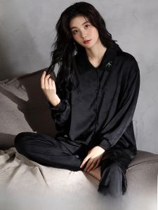 MiiOW | ชุดนอนผู้หญิงผ้าไหมน้ำแข็ง MiiOW แขนยาว 2 ชิ้น ระบายอากาศได้ดี ใส่สบาย ฤดูร้อน 2025 ผ้าฝ้ายโพลีเอสเตอร์ 95% ยางยืด 5%