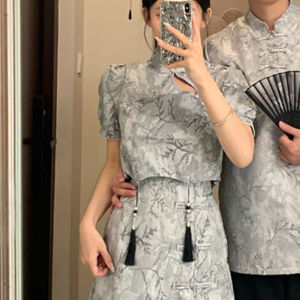 XILANDUO | New Chinese Style Couple Wear Summer National Style Improved Cheongsam Ink Wash Painting Half Skirt Set