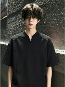 OUMULONG | Black V-Neck Straight Shoulder T-Shirt