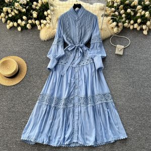 French Vintage Lace Pearl Trim Slimming Stand Collar Lantern Sleeve Maxi Dress High Waist A-Line Skirt Long Sleeve Mid-Length