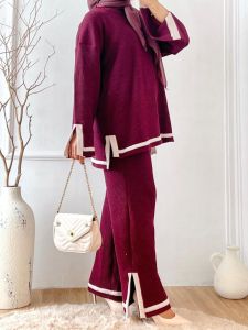 One Set Wanita Jumbo Bahan Knit List Jean Setelan Rajut Maroon Milo Oversize Bigsize Xxxl