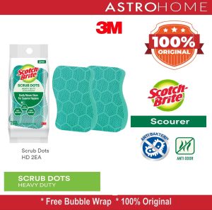 Scotch-Brite 3M Scrub Dots HDPK2 HD PK2 Spons Cuci Piring Heavy Duty Sabut Higienis Anti Bakteri & Anti Bau Daya Gosok Kuat 100% Original  Mudah Dibilas Sisa Makanan Tidak Menempel Mencegah Bau (1 pax isi 2 pcs)