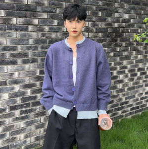 เสื้อสเวตเตอร์คาร์ดิแกนถักสีบล็อกหลวมๆ สำหรับผู้ชาย ฤดูใบไม้ร่วง/ฤดูหนาว สไตล์เกาหลี ลำลอง คอตั้ง แขนยาว