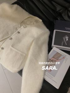 Fur Lined down Jacket Womens Warmth White Color Small Fragrance Style Outerwear Coat round Neck Single Button Long Sleeve