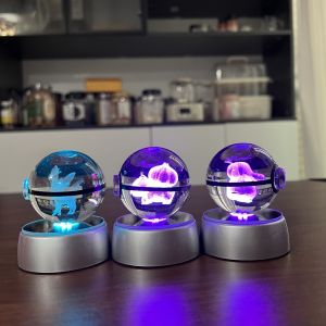Takara Tomy | Pokemon 3D Crystal Ball Pikachu Gengar Eevee Mewtwo Anime Game Pokeball Led Night Light Base Kids Birthday Gift Home Decoration