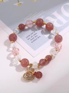 New Arrival Natural Crystal Strawberry Quartz Bracelet Lucky Bag Pendant Bracelet Simple and Light Luxury Design Girlfriends Gift Girlfriend Gift