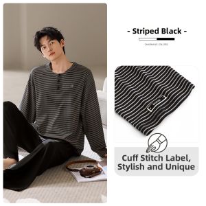 JIALEFEN | Cotton Stripe Long Sleeve Crewneck Casual Sleepwear Set for Men