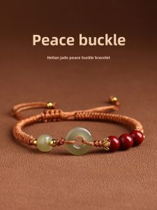 Hetian Jade Safety Buckle Bracelet Womens Sterling Silver Woven Red Rope Cinnabar Carrying Strap Mens Pearl Lucky Beads Couple