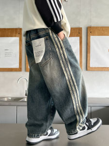 Boys Casual Mid-Waist Long Jeans Autumn Winter New Style Fleece Lined Loose Straight Leg Trousers Fashionable Childrens Clothing