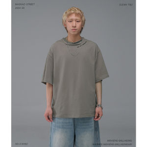 Loose Fit Mens Short Sleeve T-Shirt Pure Cotton Breathable Summer New Style Inner Wear American Heavyweight Double Collar Cool Feeling