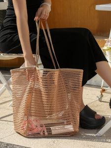 Large Capacity Mesh Beach Bag Womens Vacation Shoulder Bag Casual Handbag Travel Swimming Clothes Storage Bag British Style Hollow out