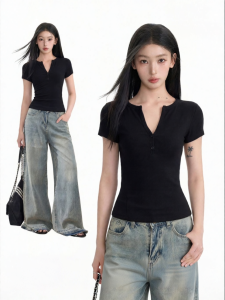 BAIDAIFEI | Áo Thun Hanes Henley Đen Cổ V Ôm Sát Ngắn Tay