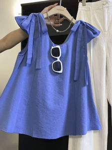 Womens Large Size Double-Sided Wear Butterfly Knot Tie Shirt Summer 2025 New Design Breathable Loose Fit round Neck Top