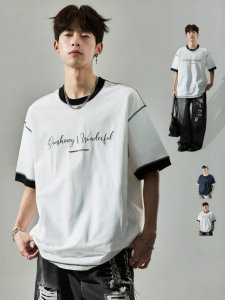SZON | American Floral Embroidery Contrast Color Faux Two-Piece Short Sleeve T-Shirt