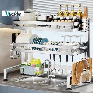 Veckle 2-Tier Over Sink Dish Rack | Stainless Steel Rustproof Organizer | Utensil & Cutting Board Holder