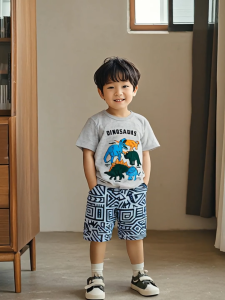 LJMOFA Kids Cotton T-Shirt Dinosaur Pattern Cozy Soft Shot Sleeve Shirt for Boy 1-10 Yrs
