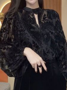 Lace Flocking Tops Women: 2024 Autumn New Arrival & Cut Out Carved Long Sleeves