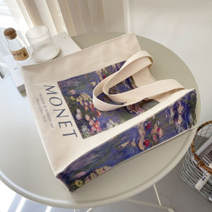 Fashion Canvas Tote Bag Mo Na Printed Lotus Oil Painting Large Capacity Storage Bag For Students Casual Use Computer Bag