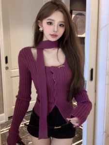 GUZILIAN | Slimming Knitwear Square Collar Base Shirt With Sash Korean Style Winter Long Sleeve Short Length Pear Shape Body Fit Type