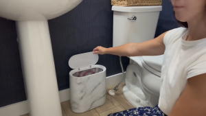 12L Trash Can With Cover Marble Wood Pattern Plastic Trash Can Bathroom Narrow Trash Bin