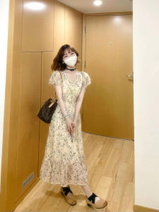 French Tea Break V-neck Floral Print Short Sleeve Womens Waist-cinching Bubble Sleeve Gentle Long Summer Dress Fairy Skirt