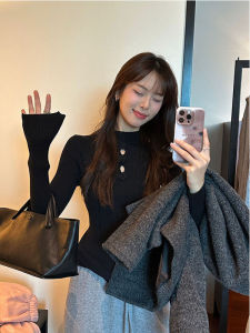 เสื้อถักแขนยาวปิดด้วยกระดุมคอตั้งแบบมีสไตล์สำหรับผู้หญิง ฤดูใบไม้ร่วง/ฤดูหนาว เสื้อชั้นในคอกลมแขนยาวแบบใหม่ ผ้าถักโพลีเอสเตอร์