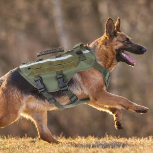 บังเหียนฝึกสุนัขอเนกประสงค์สำหรับสุนัขขนาดใหญ่-ดีไซน์ K9น้ำหนักเบาสะท้อนแสงและระบายอากาศได้ดีผ้า1000D สำหรับงานหนักปรับได้พอดีกับที่จับเบาะ (เหมาะสำหรับการฝึกซ้อมและการผจญภัยกลางแจ้ง)