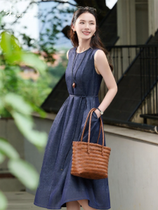 Misoshine | Simple Tencel Linen Blend Sleeveless Slimming Waist Jean Dress Mid-Length