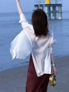 chaqi | New Chinese Style Thin Shirt Women Long Sleeve Spring Summer Back Split Casual Sun Protection Cardigan Outerwear Polo Collar