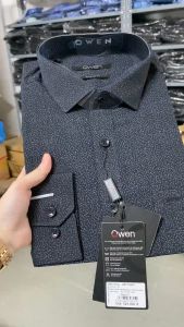 OWEN SALE - Áo Sơ Mi Owen Tay Dài Màu Đen  Họa Tiết Hoa Văn Form Regular Fit Lai Bầu Chính Hãng