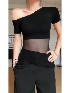 YUEZHONGWEI | American Style Splice Mesh See-through Black Asymmetrical Shoulder Short Sleeve T-shirt Womens Summer Slimming Design Shoulder Exposure Top