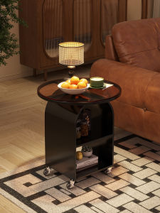 Creative Glass Side Table with Wheels for Living Room Sofa Simple Small round Table for Small Spaces Modern Vintage Style