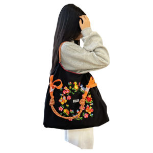 2024 New Ballchain Embroidered Nylon Eco-friendly Shopping Bag Crossbody Handbag Single Shoulder Bag Urban Simple Style Large Tote Bag