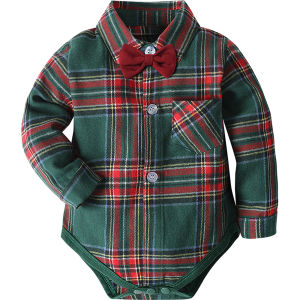 Christmas Outfit for Baby Boy Red Onesies Infant Checkered Long Sleeve Bodysuits Newborn Green Classic Plaid Triangle Shirt Newborn New Years Clothes