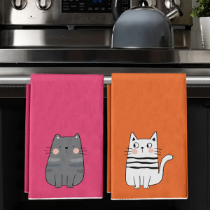 2Pcs Pink-Orange Quirky Cat Kitchen Towels 40Cm*60Cm Towel Set Super Absorbent Soft Cleaning Cloth Cooking and Baking Towels