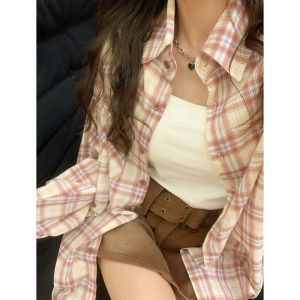 เสื้อเชิ้ตผู้หญิงสไตล์เกาหลี ทรงหลวม แขนยาว ปกโปโล ลายสก็อต สีบล็อก ทรงบาง เสื้อแจ็คเก็ตผู้หญิง ฤดูใบไม้ผลิและฤดูใบไม้ร่วง