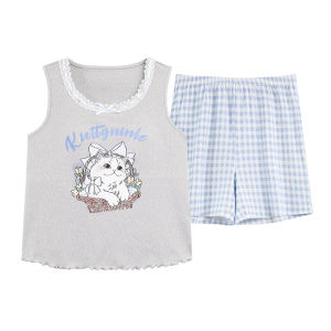 Miiow | Ice Silk Womens Sleepwear Set With Chest Pad Short Sleeve Shorts Home Clothes Summer Sweet Cute Style Round Neck Cartoon Pattern