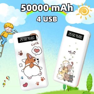 PowerBank 50000 mAh Cute Mini Power Bank Kartun Mirror Screen Digital Display PowerBank4 Kabel Cute LED Portable Fast Charger