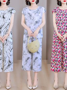 ชุดผ้าไหมผ้าฝ้ายขนาดใหญ่ที่ทันสมัยสําหรับผู้หญิงฤดูร้อนกางเกงขากว้างผ้าฝ้ายเทียมมีสไตล์และชุดสองชิ้นด้านบนแขนสั้น