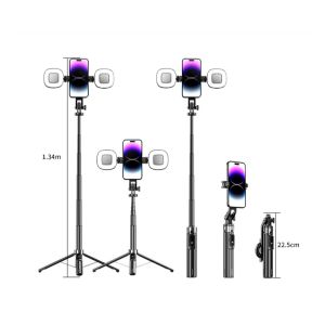 Photo Bluetooth Selfie Tripod Quadrupod Floor Dual Light Stand Magnetic Selfie Stick