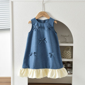 Blue Summer New Casual Girls Clothes Round Neck Sleeveless Bow Lace Vest Princess Dress for Girls Aged 3-7 Korean Version