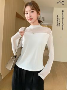 Miiow | Cat Lady High Collar Mesh Base Shirt Women Spring Autumn Wearable Inner Match Semi Transparent Top New Style Ladies Fashion