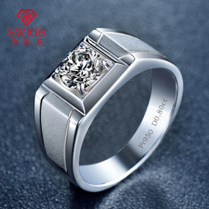 Mens Fashion Simple 925 Silver Plated White Gold Ring Matte Finish Diamond Simulated Zircon Mens Trendy Ring Jewelry