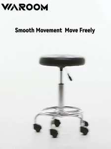 WAROOM Round Bar Stool With Wheel Dining Chair Adjustable Height PU Leather Soft Cushion Swivel Wheel Chair BackRest Chair Kerusi Bar 吧台椅