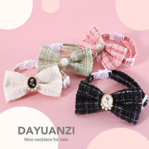 Pet Woven Plaid Vintage Pearl Bow Tie Collar Cat Dog Adjustable Anti-Choking Princess Birthday Bow