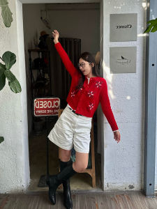 New Chinese Style Floral Embroidery round Neck Knitted Open Cardigan Womens Top Elegant Design Winter Red Atmosphere Feeling