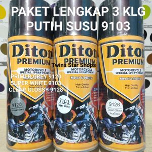Diton Premium Paket Lengkap 3 Kaleng 400cc Putih Susu Putih Bersih Super White 9103 Primer Grey Epoxy 9120 Clear Glossy 9128 Pilox Pilok Cat Semprot Spray Paint