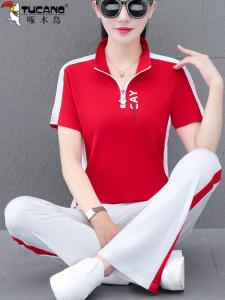 TUCANO Ice Silk Sportswear Set Womens Summer New Style Age-defying Square Dancing Casual Two-piece Set Long Pants Short Sleeve