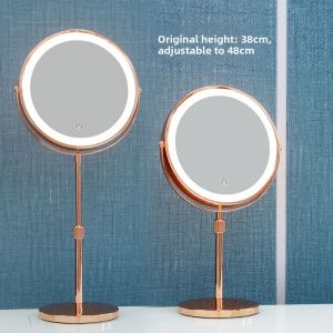 Double-Sided Mirror LED Light Adjustable Height 5X 10X Magnification Desktop Makeup Mirror European Style Metal Frame